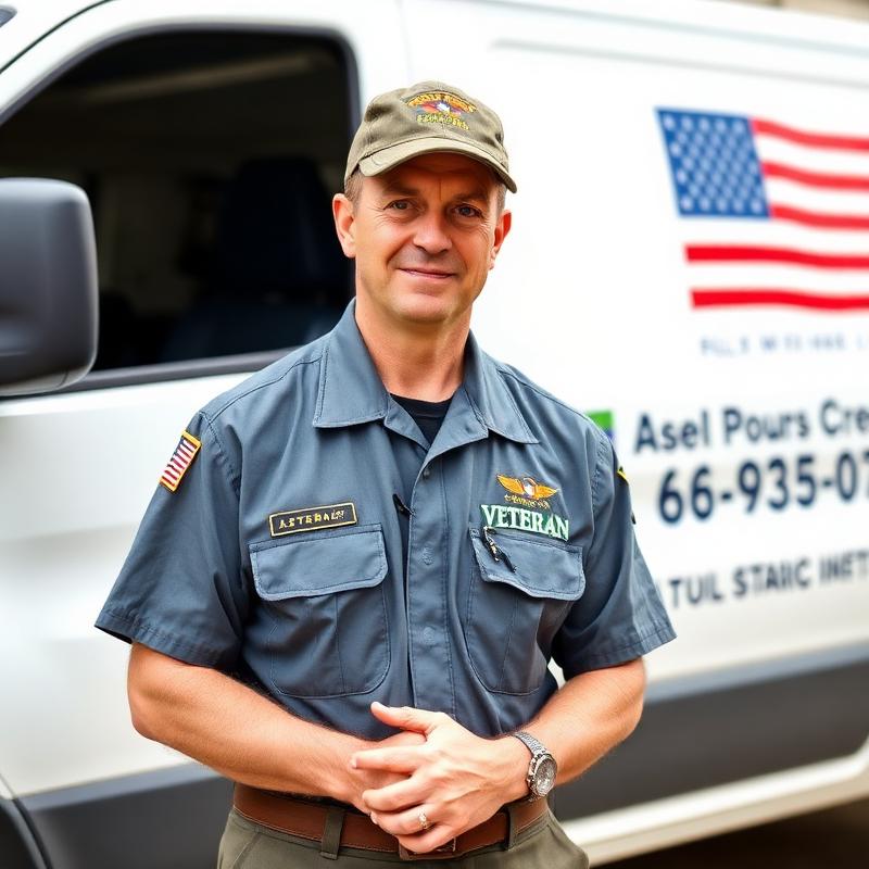Veteran founder of Roxbury Garage Doors standing proudly in front of service van
