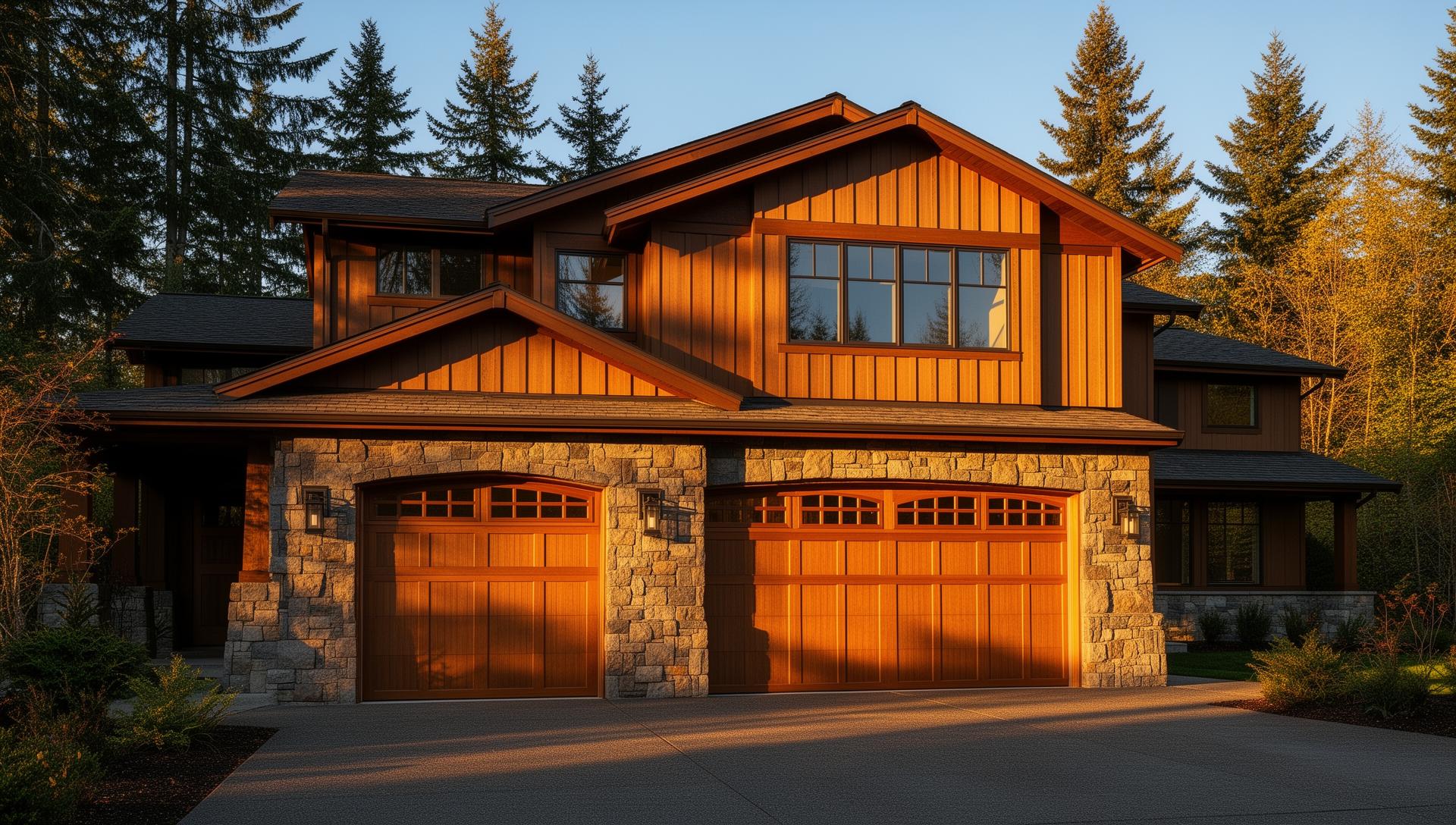 Premium Tuscan inspired garage doors with stone surround - professional installation by Roxbury Garage Doors